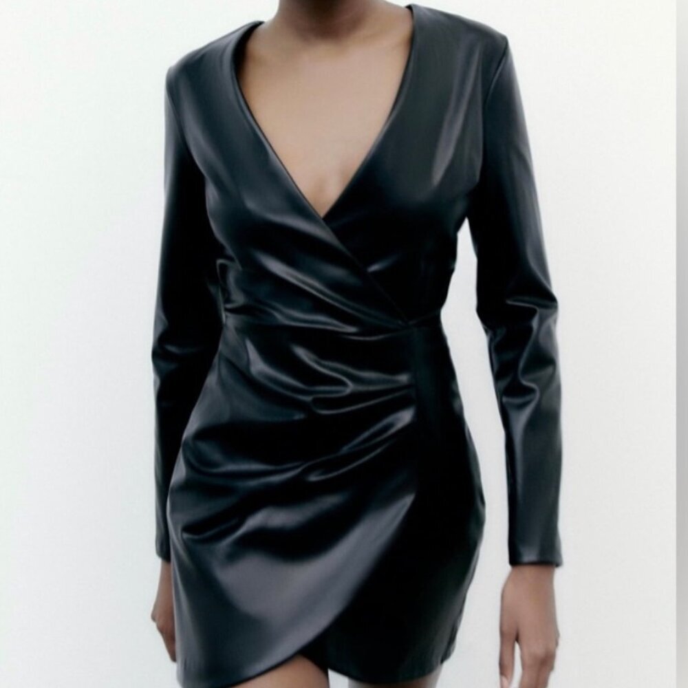 like new - ZARA Faux Leather Draped Mini Dress 8468 322